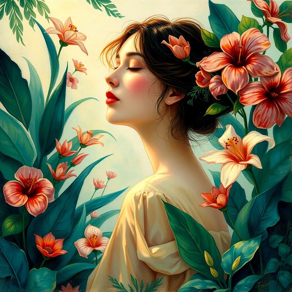 Ethereal Woman Lost in Thoughts Amidst Vibrant Exotic Blooms