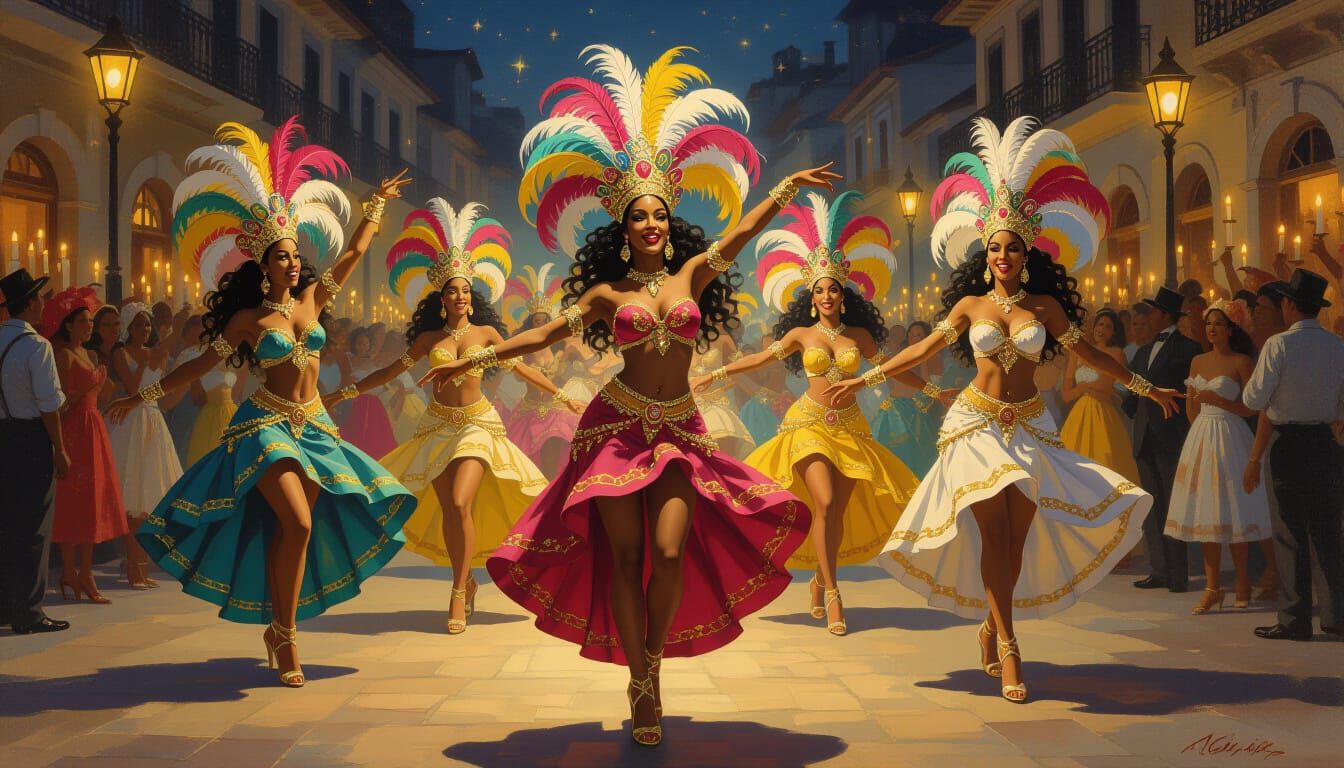 Vibrant Carnival Dancers in Oil Painting Style