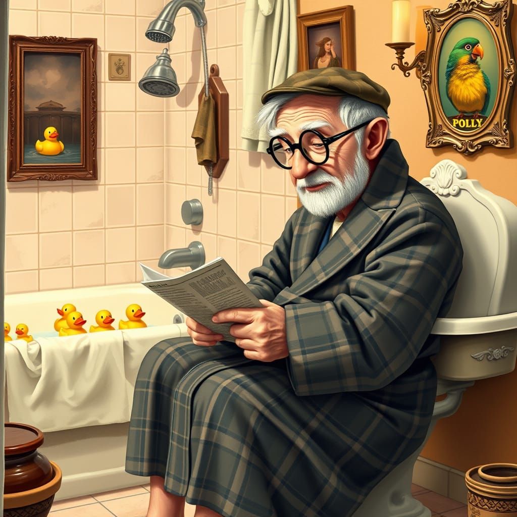 Dignified Grandfather Reads Newspaper in Whimsical Bathroom
