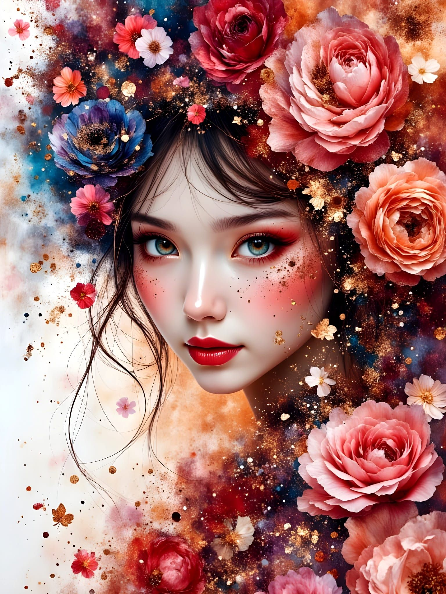 Surreal Infinity Goddess with Rosa Wild Hair in 3D Impasto S...