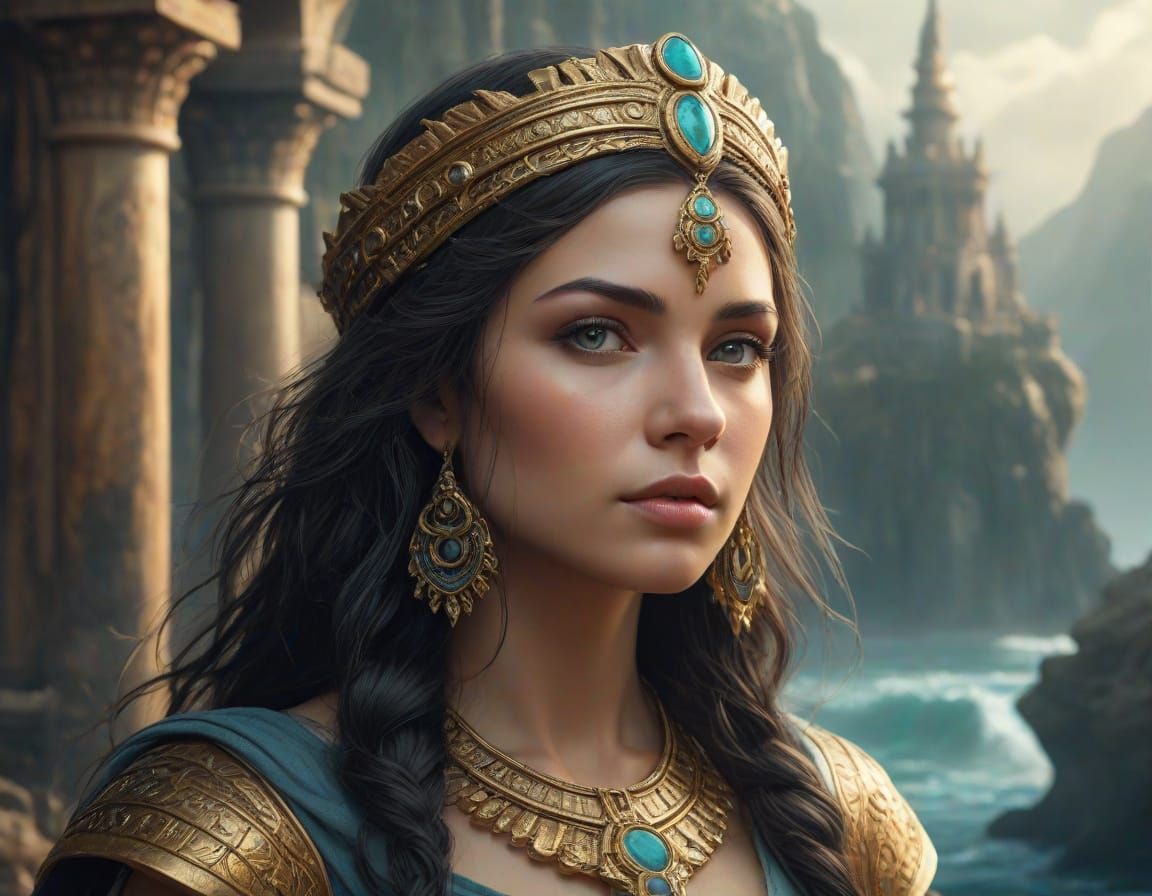 Mystical Atlantean Priestess in Fantasy Landscape