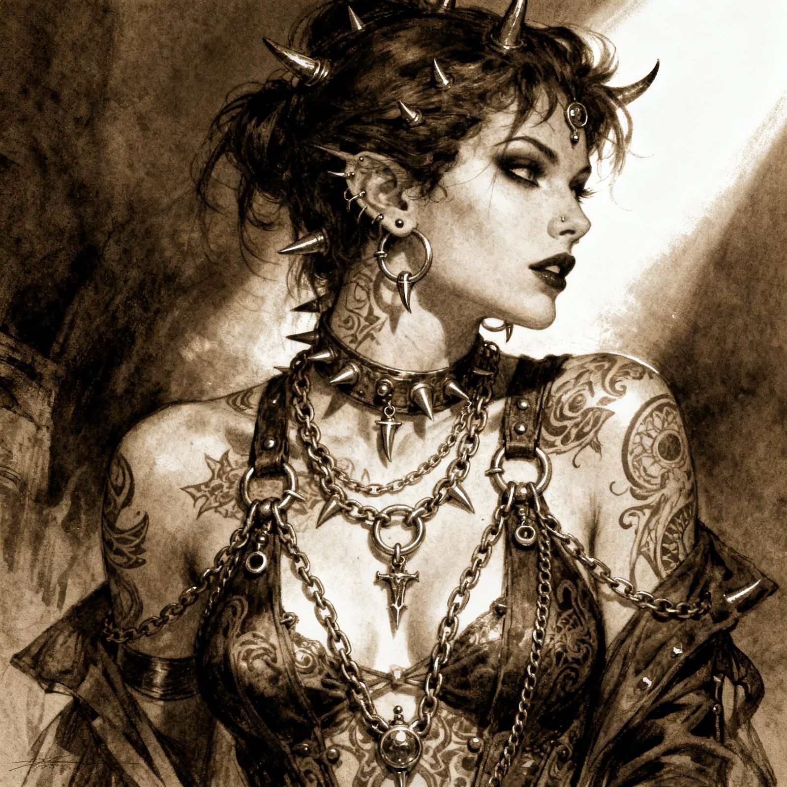 Fantasy Chains and Piercings in Sepia Illustration Style
