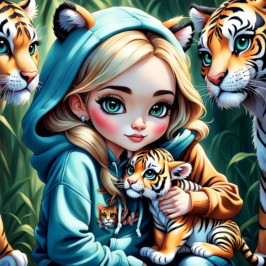 Cute Girl Cuddling Tiger Cub in Barbiecore Style