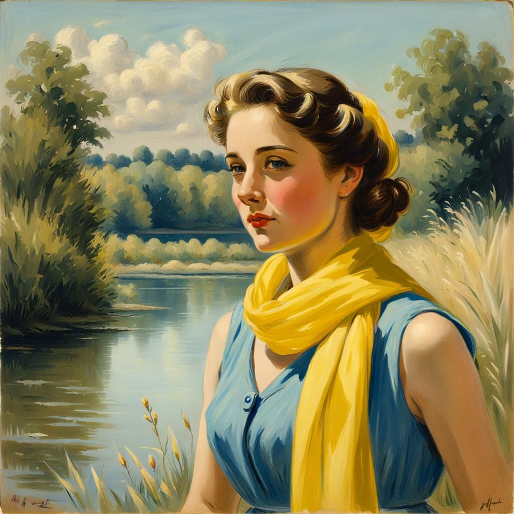 Woman in Blue Dress: Pastel Riverbank Illustration