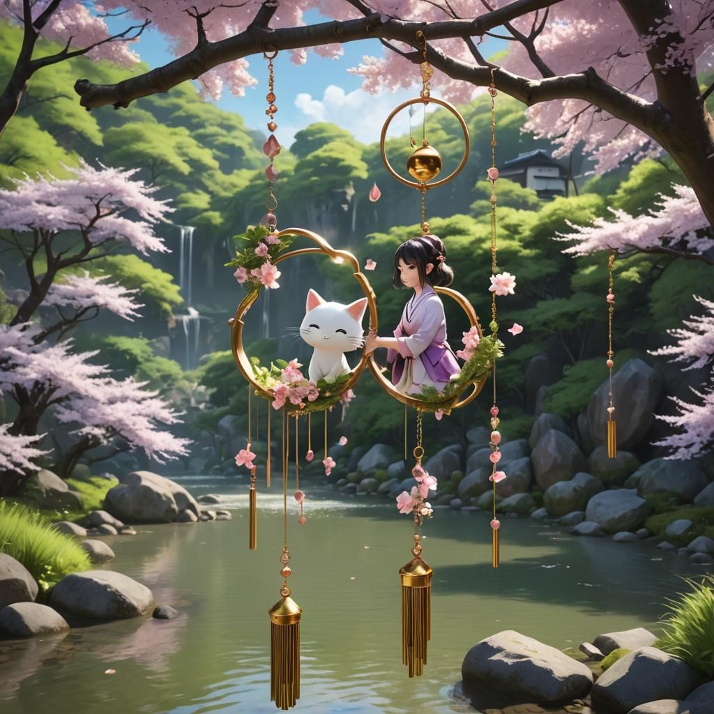 Dreamcore Windchime Scene in Anime Watercolor Style