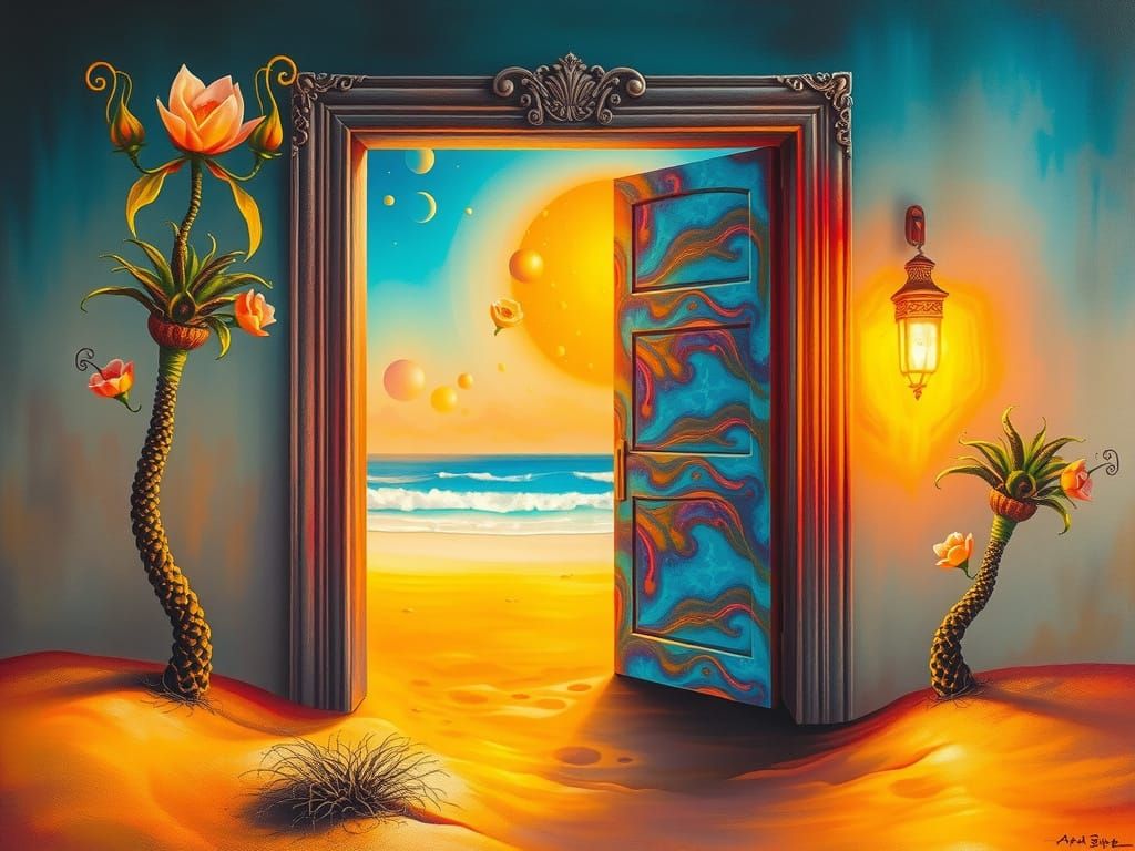 Door in the desert to a paradise beach