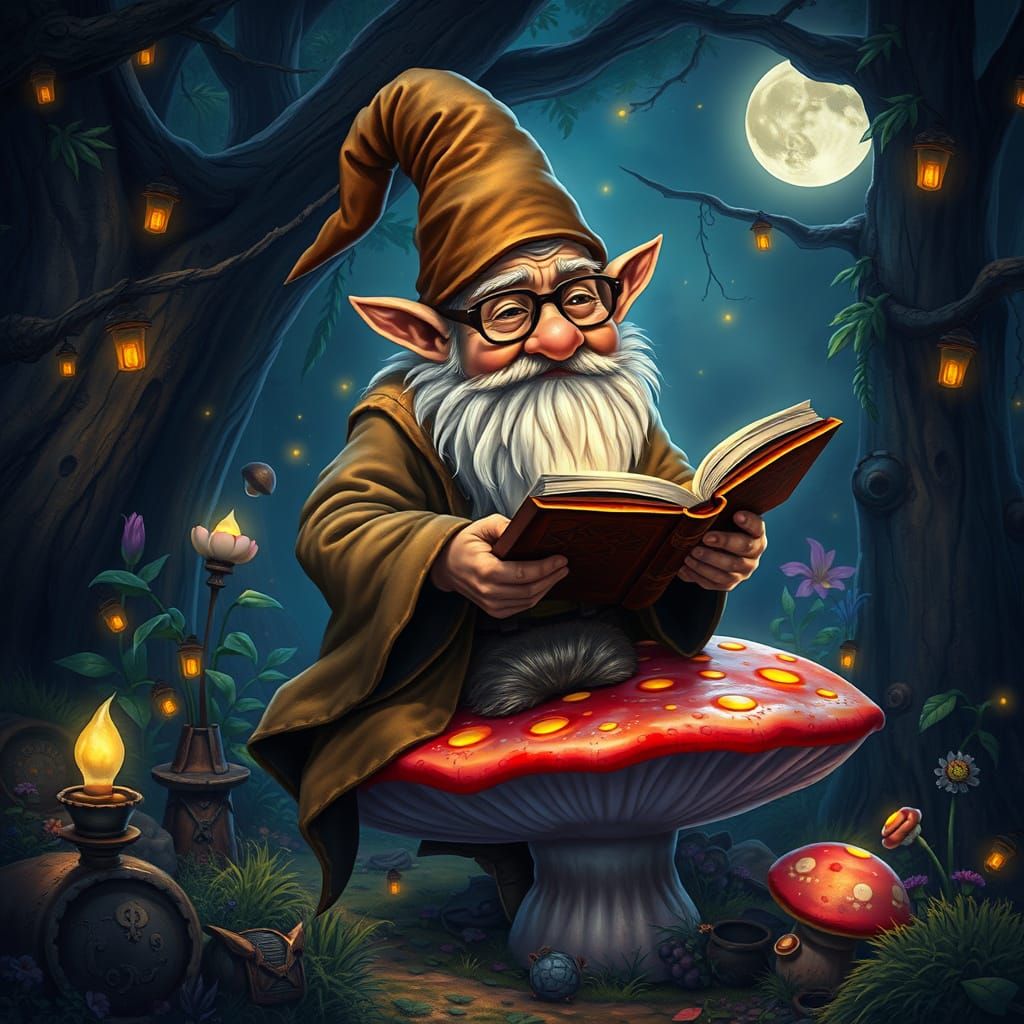 Gnome Reading Spellbook in Enchanted Grove