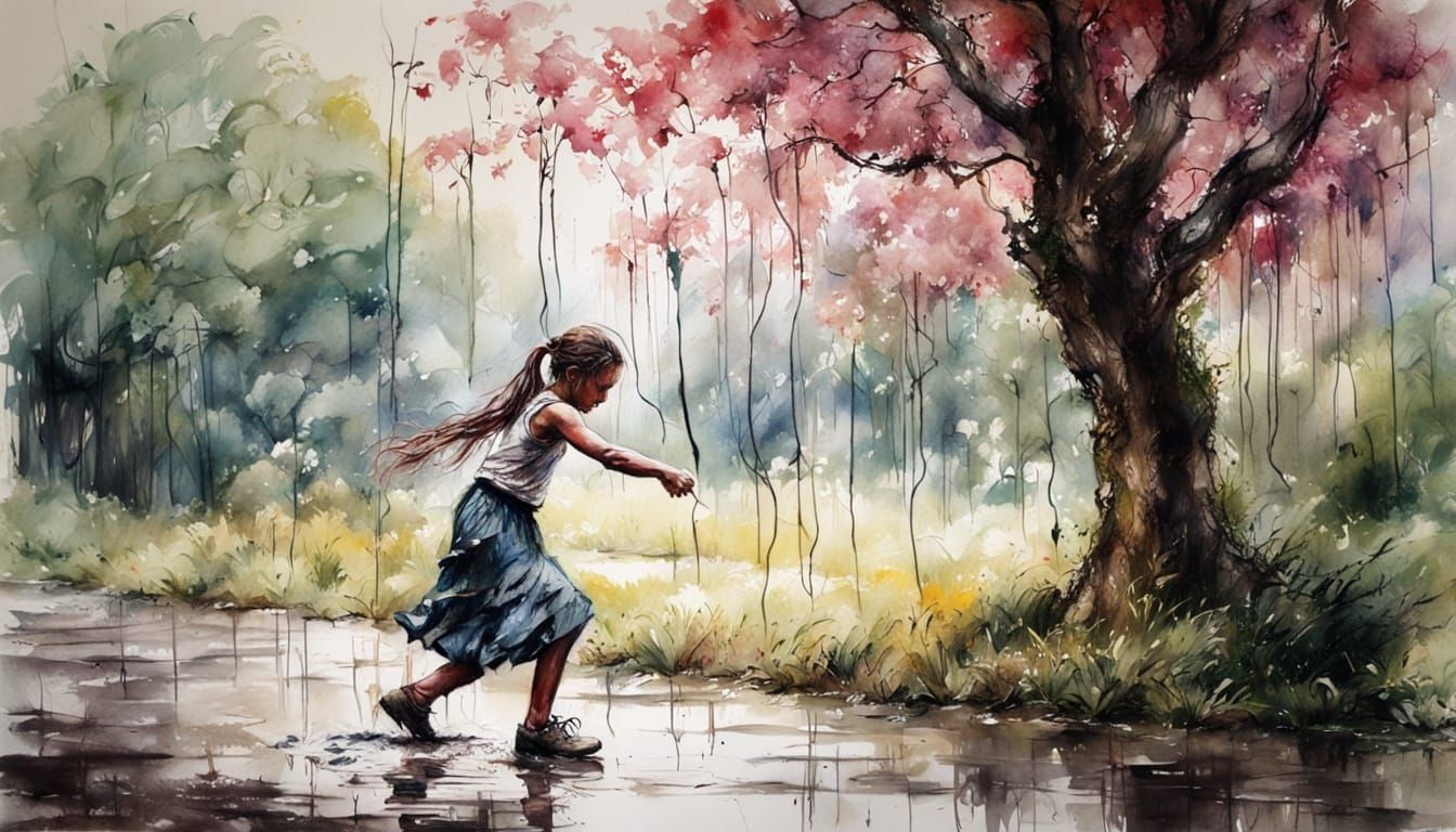 Woman in Summer Rain: Charcoal and Watercolor Painting