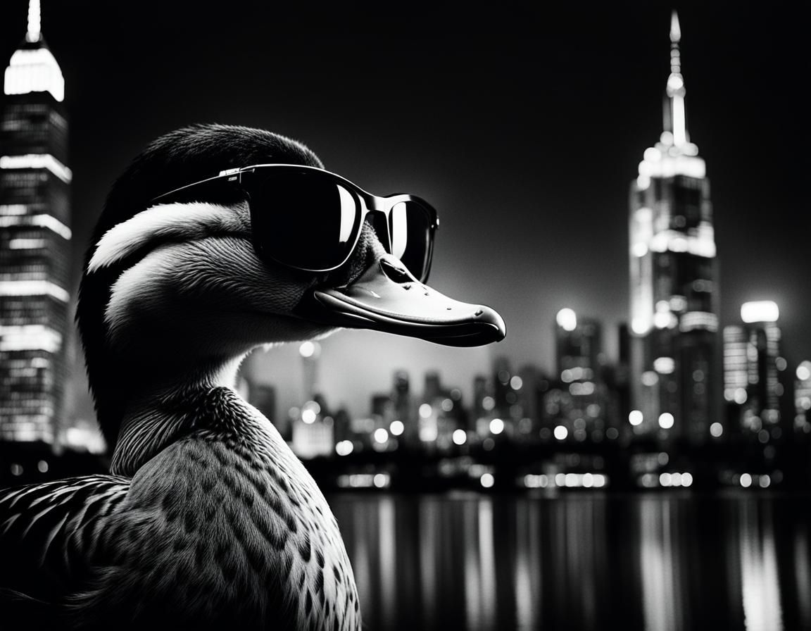 Duck Portrait with City Skyline, Charcoal Drawing