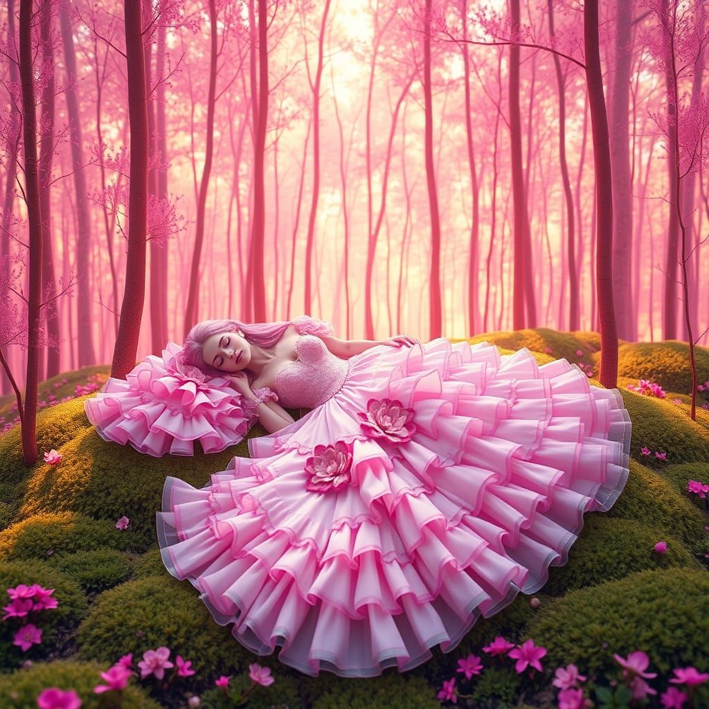 Whimsical Princess in a Vibrant Pink Forest