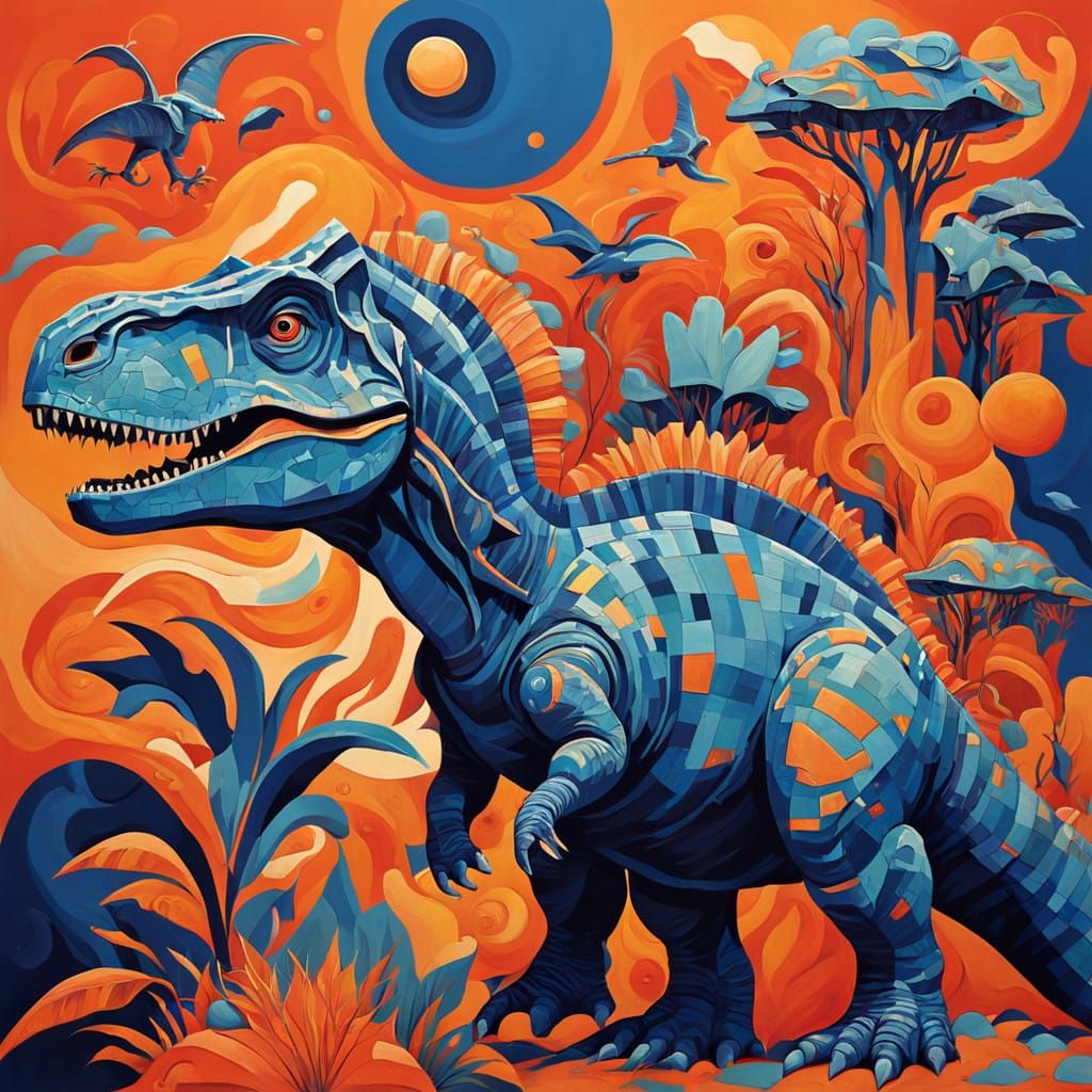 Abstract Dinosaur Form in Geometric Shapes and Swirling Patt...