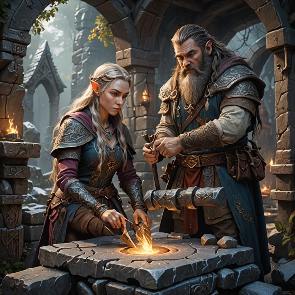 A female elven wizard and a male dwarven blacksmith helping to create a magical runestone together.