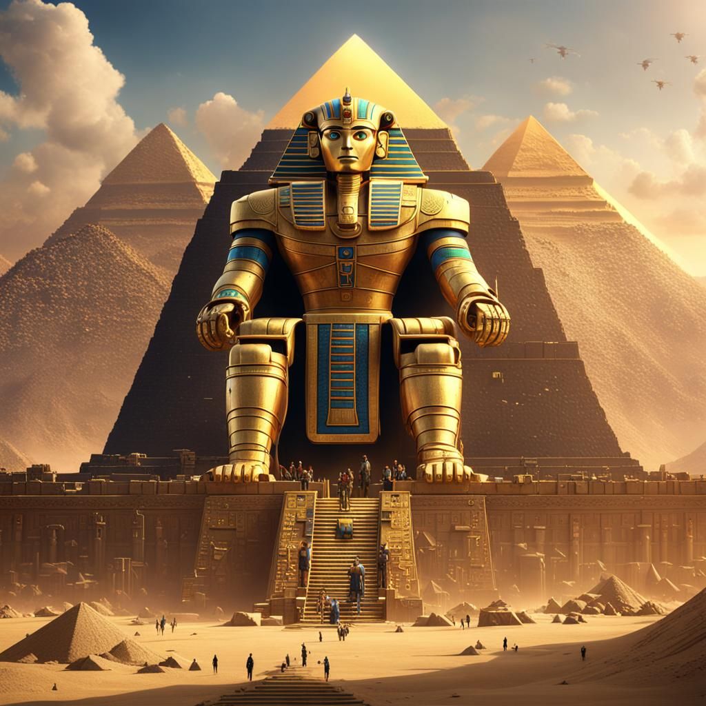 Giant Gold Robot Constructs Pyramid: Detailed Matte Painting