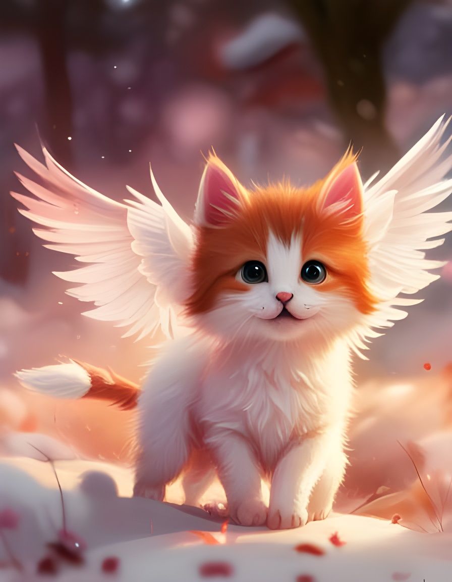 Winged Kitten Plays in Snow: Hyperdetailed Fantasy Art
