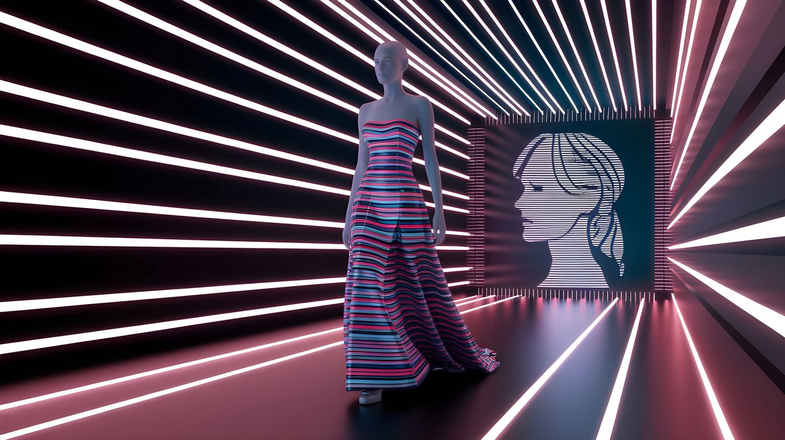 Digital Goddess Struts Down Neon Catwalk