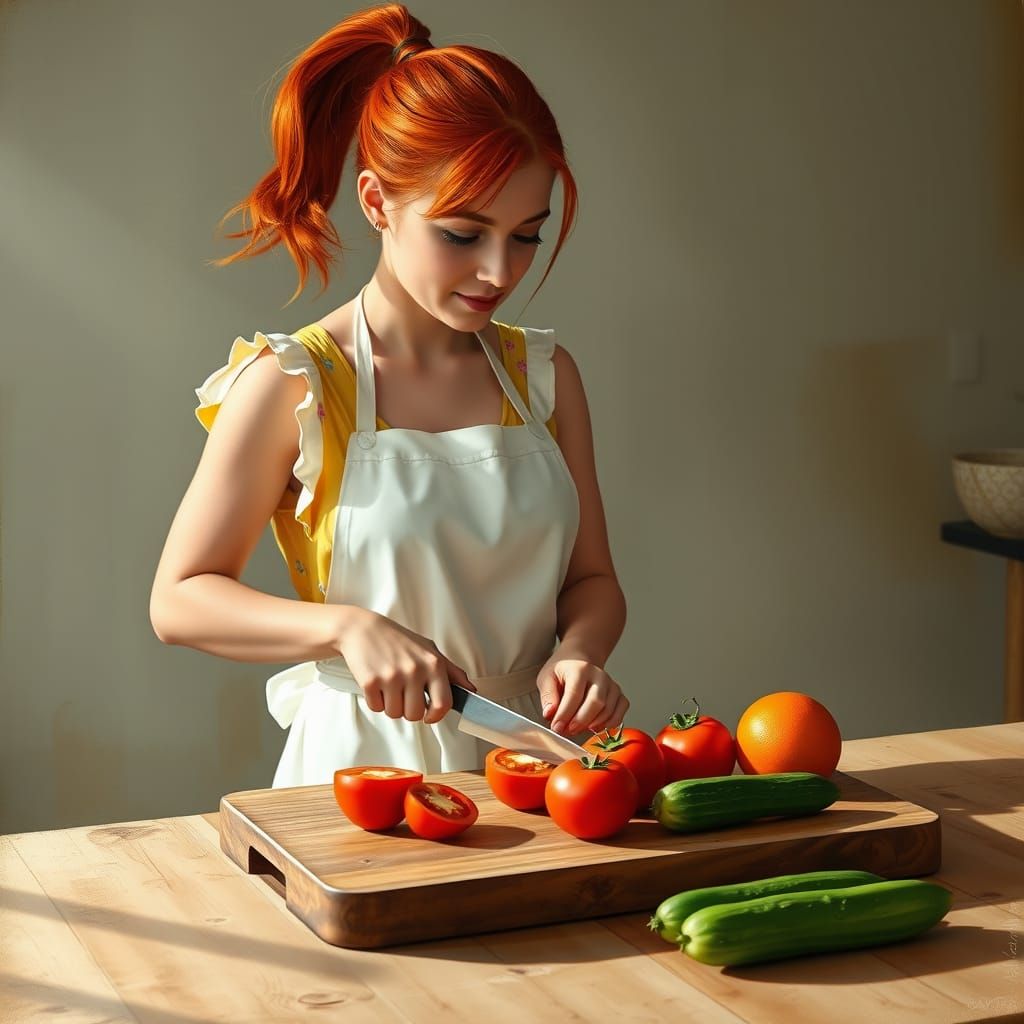 Woman in Apron Slices Tomato and Cucumber in Cozy Kitchen