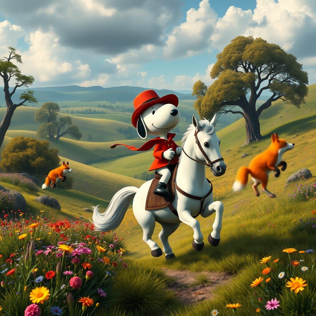 Surreal English Countryside Scene with Fox Hunting Scene in...