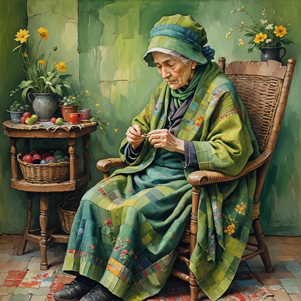 Patchwork Dreams: Oil Painting of an Old Woman