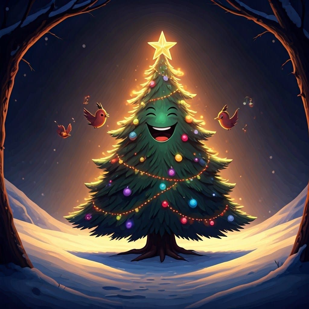 Celebratory Christmas Tree Dances with Joyful Birds in Vibra...