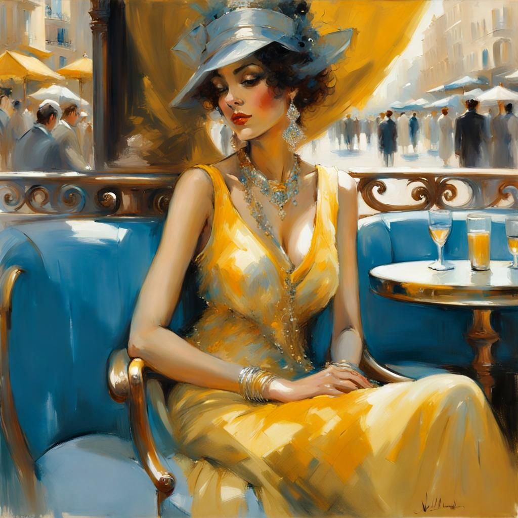 Arabic Woman in Lavish Dress at Parisian Cafe