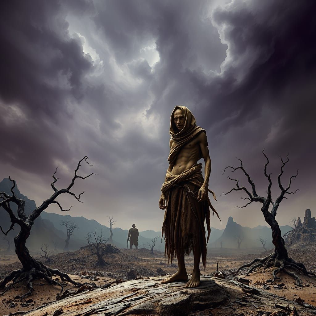 Resilient Figure Confronts Post-Apocalyptic Wasteland