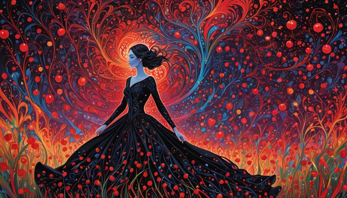 Girl in Fractal Field: Blacklight Arabesque Art