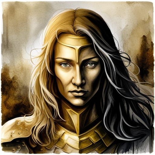 Golden Knight in Desert: Watercolor Ink Wash Painting