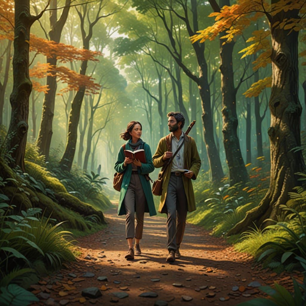 Woman and Man Stroll on Forest Path in Splash Art