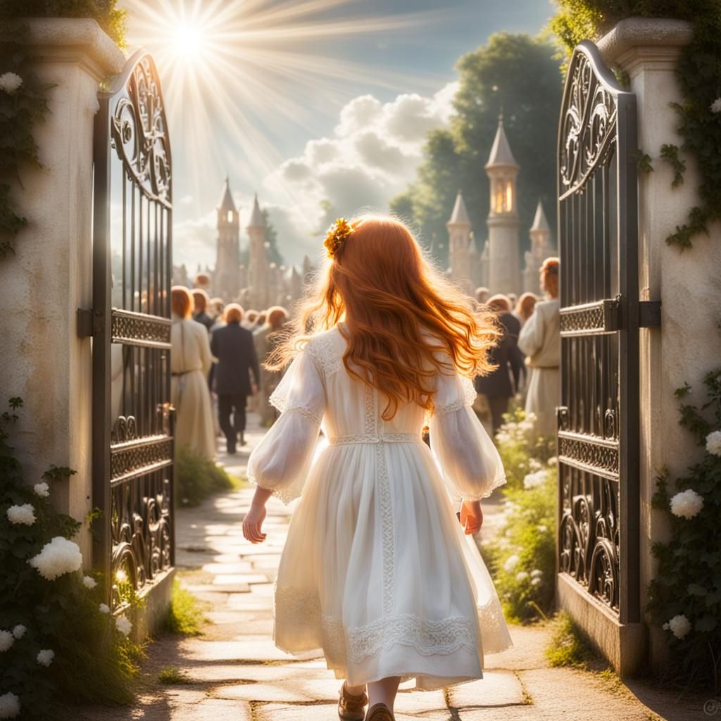 Girl Enters Heaven's Gates in Divine Light
