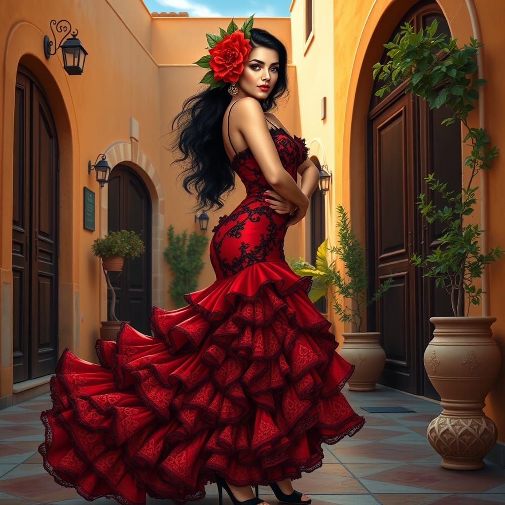 Elegant Spanish Woman in Flamenco Dress, Airbrushed Oil Pain...
