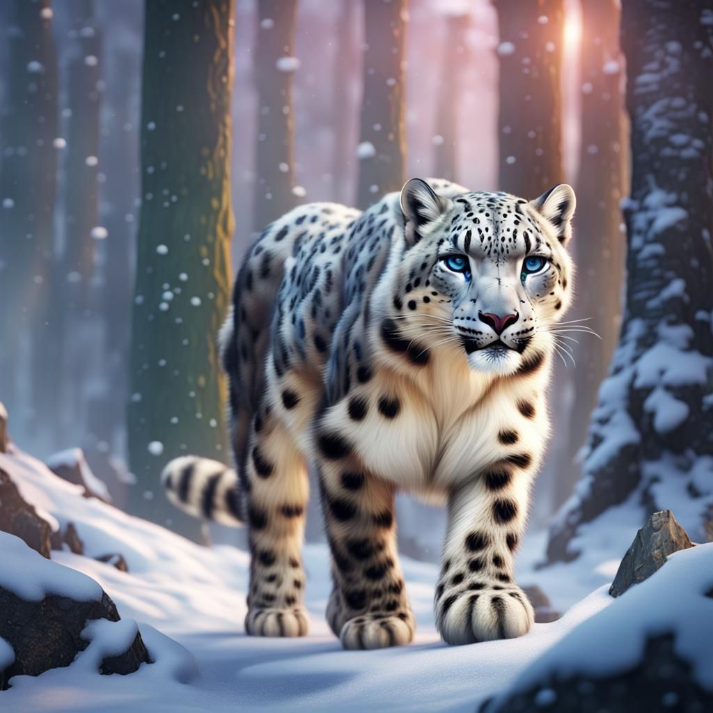 Rainbow Spotted Leopard in Snowy Forest