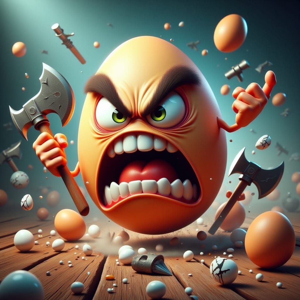 Angry Egg Wielding Axe in 3D Cartoon