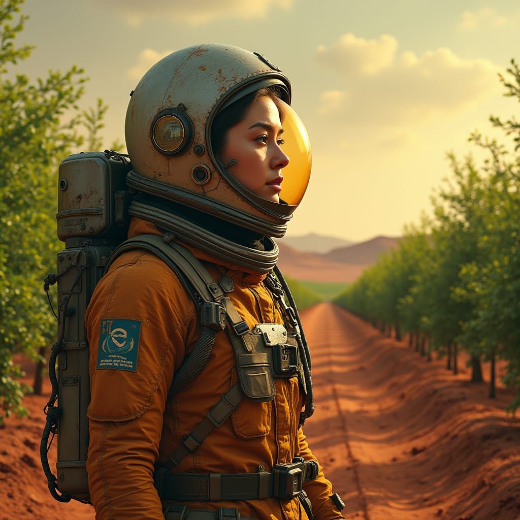 Martian Woman Contemplates Solitude in a Lush, Vibrant Farm