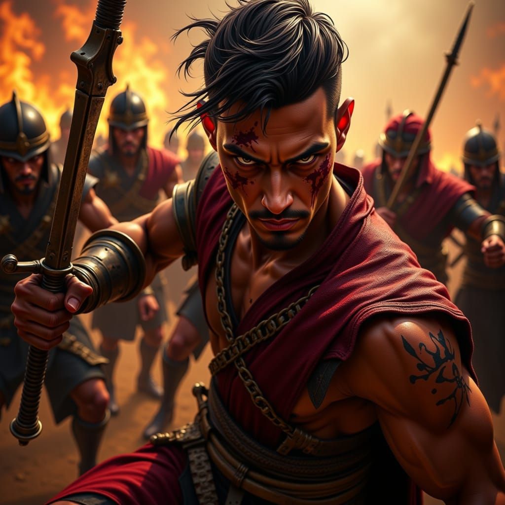 Warrior Fights Defiantly in Dramatic Painterly Style