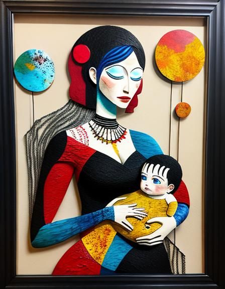 Abstract Mother and Baby Mixed Media Art