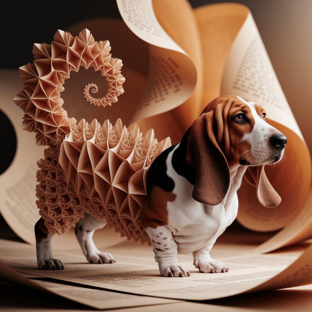 Basset Hound Merges with Origami in Fractal Art