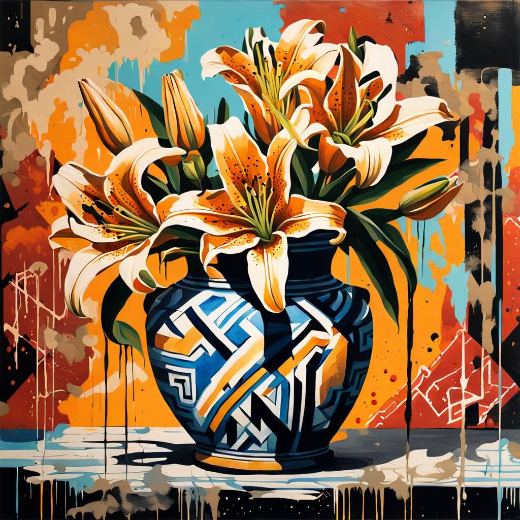 Lilies in Greek Vase, Graffiti Art Style