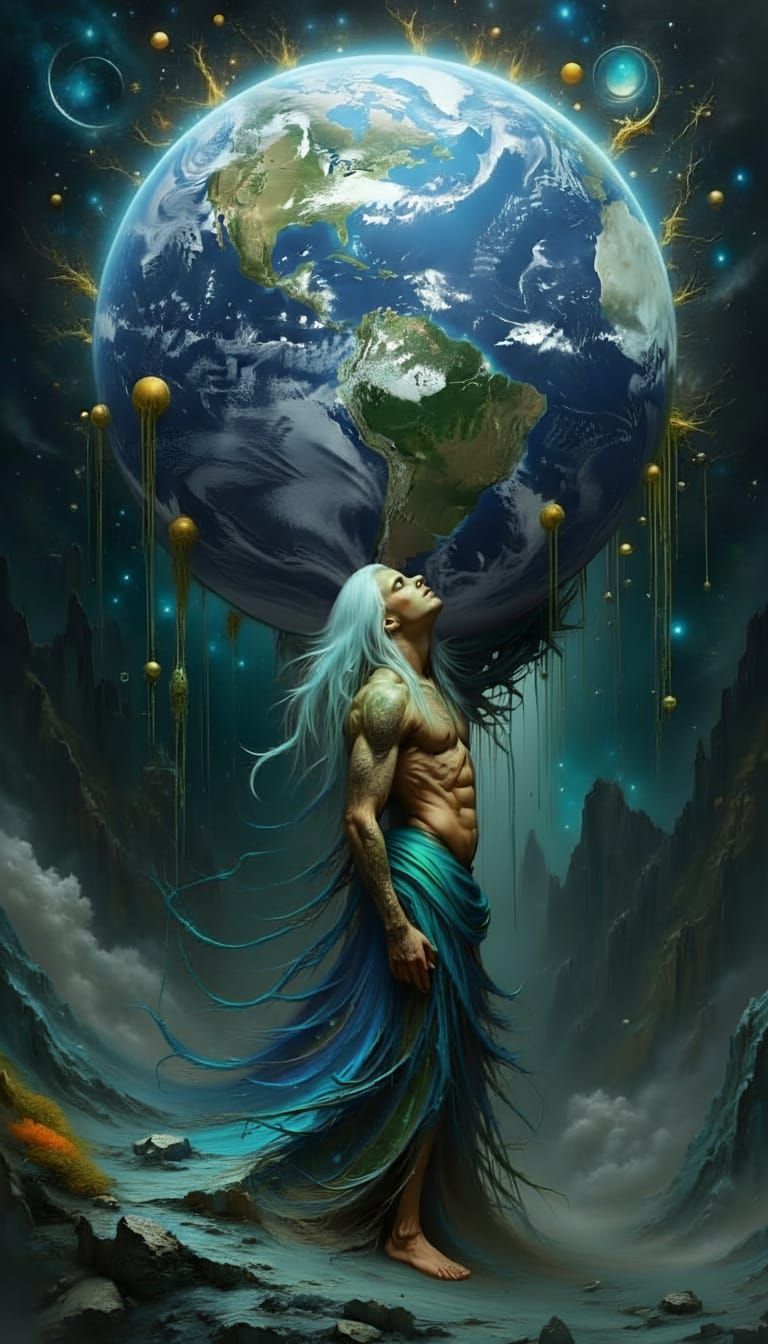 Atlas Bears the Fragile Earth in Celestial Dreamscape