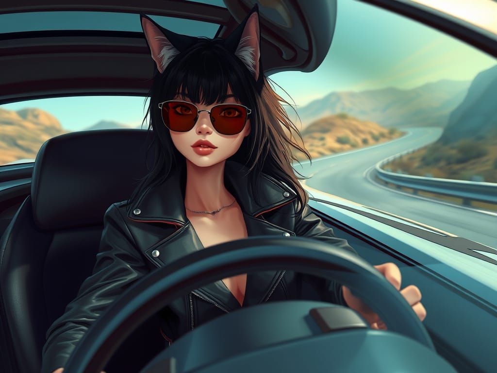 Sleek Cat Girl Cruises Country Roads in Photorealistic Style