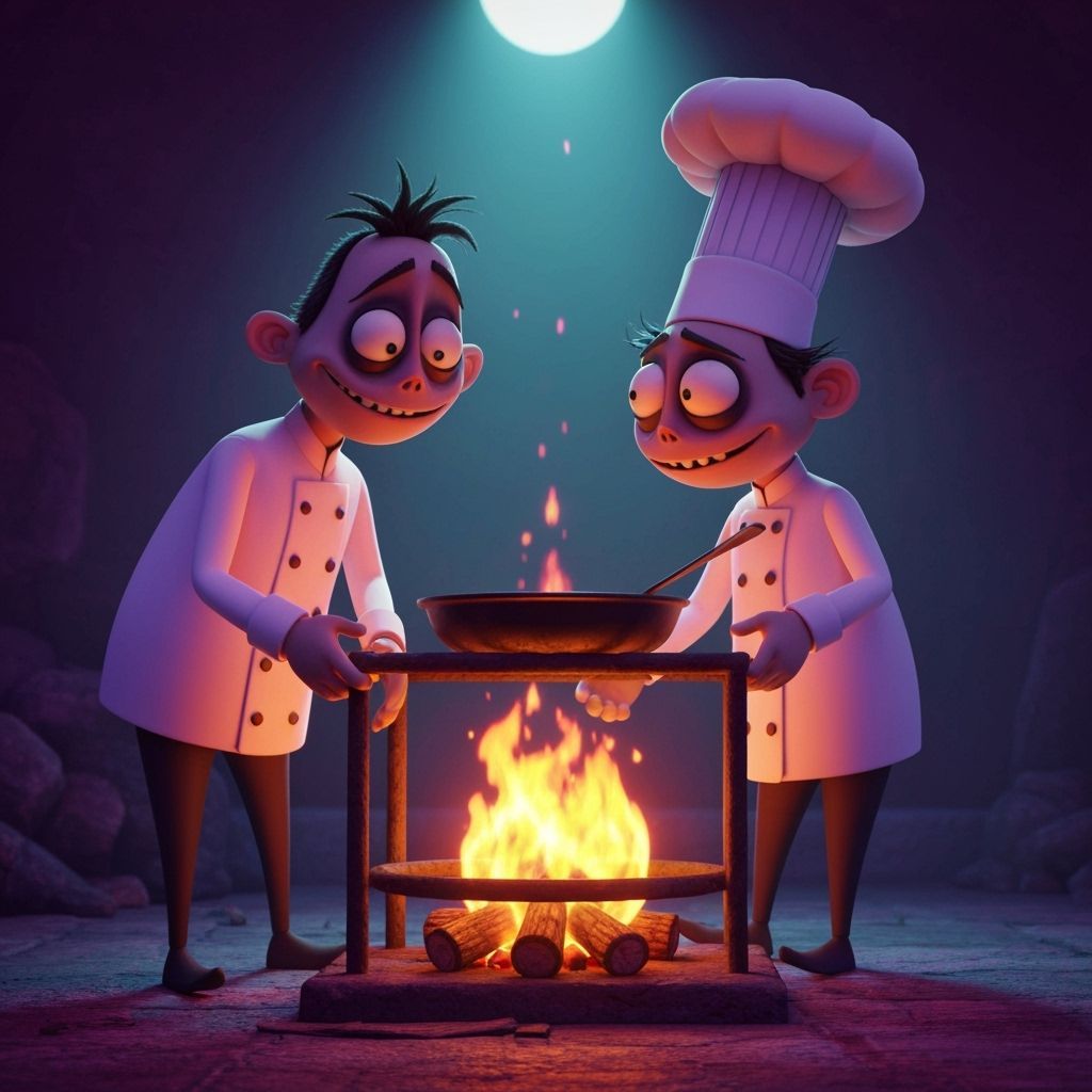Spooky Chef Cooking Fire, Pixar-style 3D Render