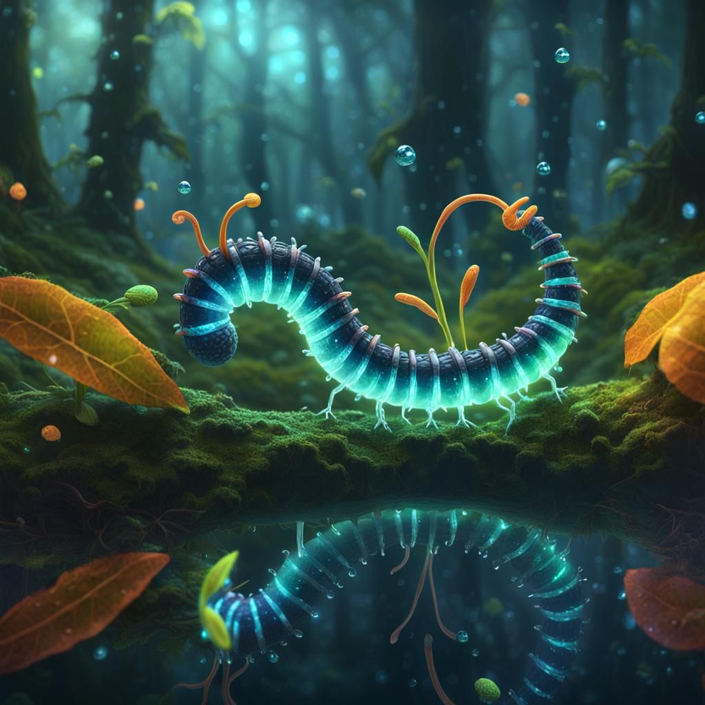 Surreal Inchworm Radiates Magical Energy in a Lush Forest
