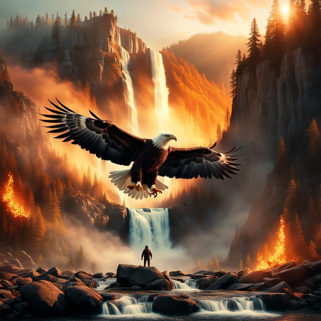 Epic Mountain Landscape with Eagle and Bear