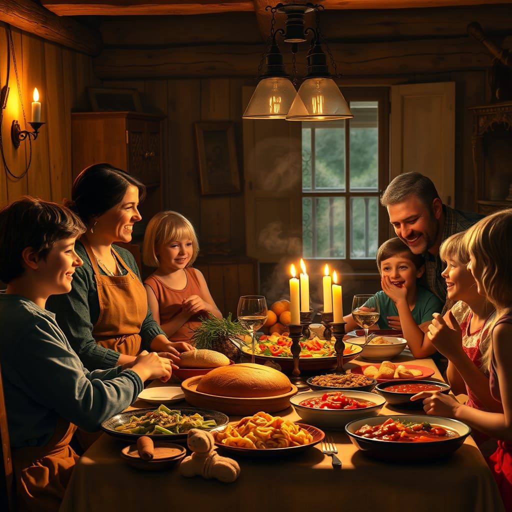 Warm Italian Family Dinner in Cozy Rustic Kitchen