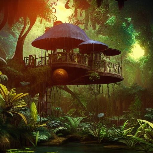 Lush Steampunk Jungle Lagoon Treehouse in Moonlight