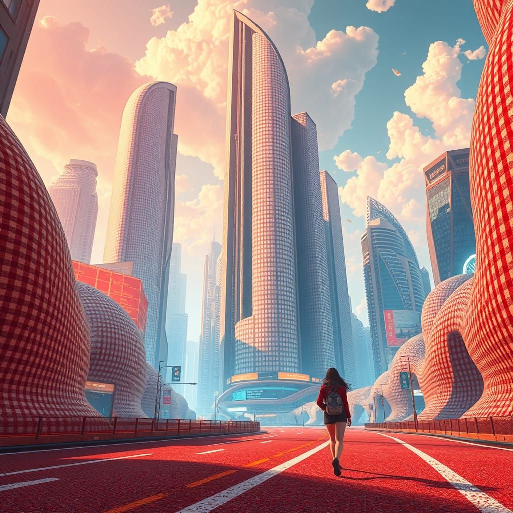 A futuristic cityscape where skyscrapers, streets, and cloud...