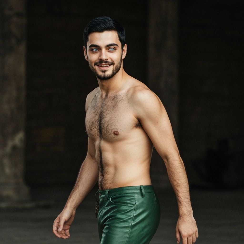 Hispanic Man in Green Leather Trousers, Medieval Style