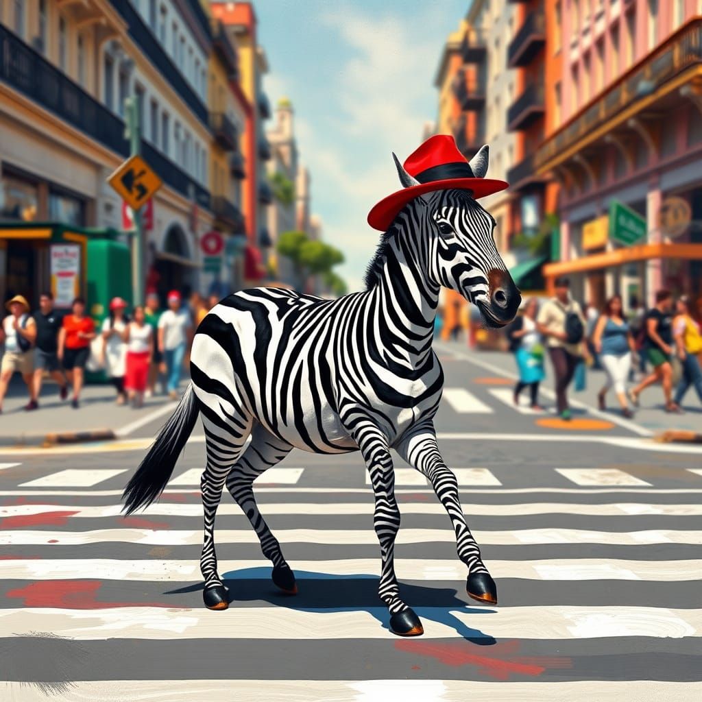 Zebra in Fedora Hat Crossing Colorful City Street