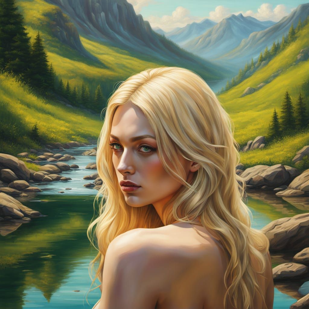 Dreamlike Oil Painting of Woman with Glowing Tattoos in Moun...