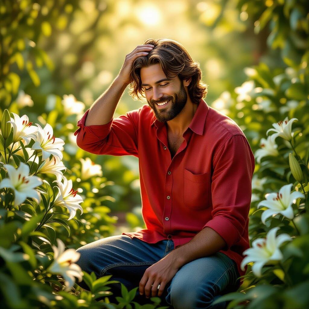 Man in Garden with Ethereal Lighting