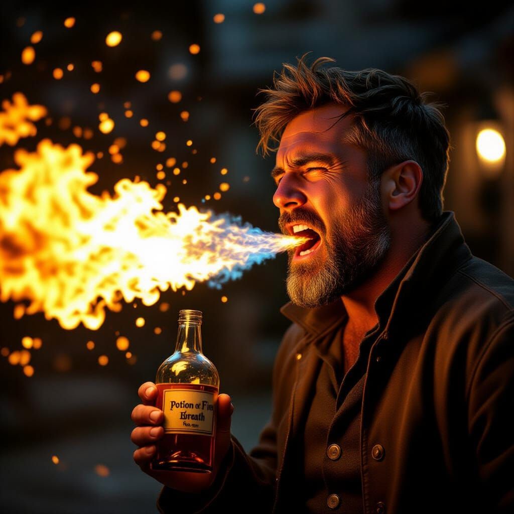 Man Breathes Fire From Mouth, Holding Potion Bottle